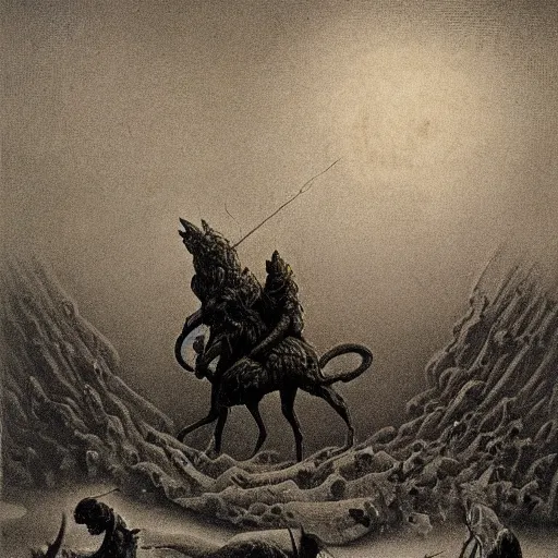 Prompt: Wolf, knight, small, demonic, devil, boss, dark, by zdzisław Beksiński medieval romanticism style