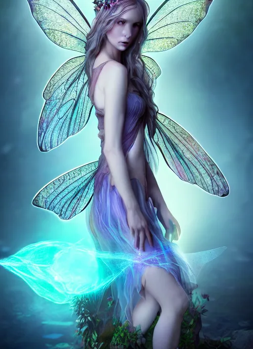 Image similar to beautiful full body portrait fairy faerie fey fae queen forest spirit highly detailed CGsociety subtle enchanting alluring magical concept art HDR hyper realistic volumetric lighting subsurface scattering unreal