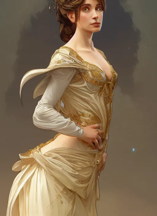 Image similar to portrait of a full body of young beautiful female princess, d & d, baroque dress, elegant, flat lighting, intricate, highly detailed, digital painting, artstation, concept art, smooth, sharp focus, illustration, art by simon bisley and greg rutkowski and alphonse mucha, natural tpose