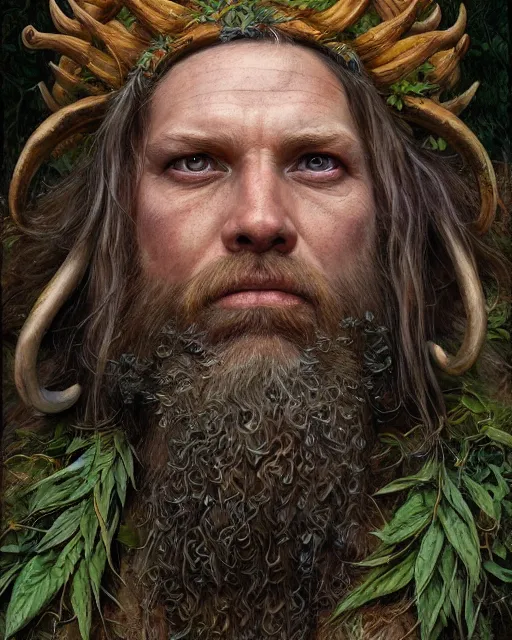 Image similar to forest druid with ram horns and leaves in his beard | highly detailed | very intricate | symmetrical | cinematic lighting | award - winning | closeup portrait | painted by donato giancola and mandy jurgens and brian froud | featured on artstation