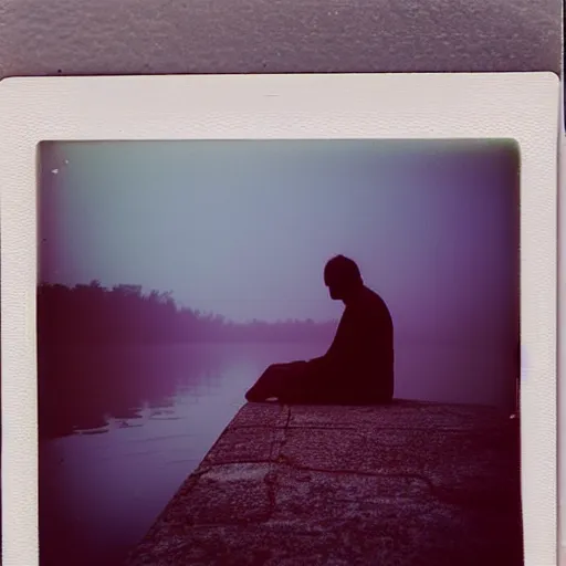 Image similar to extremely sad scene of a man sitting on the edge of a lagoon, mist, bloody sunset, polaroid photography from the 70s