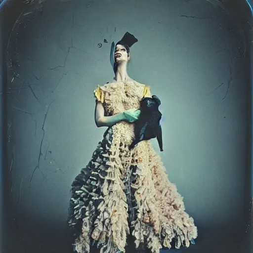 Image similar to damaged kodak portra 4 0 0, wetplate, photo of a surreal artsy dream scene,, very beautiful model, weird fashion, grotesque, extravagant dress, strange pose, carneval, with an animal, wtf, photographed by paolo roversi style