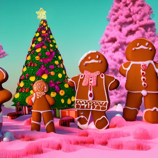 Image similar to cinematic Candy land forest during christmas time with anthropomorphic ginger bread people and candy people, rivers made out of chocolate milk, the sky is pink, 3d render, Trending on artstation