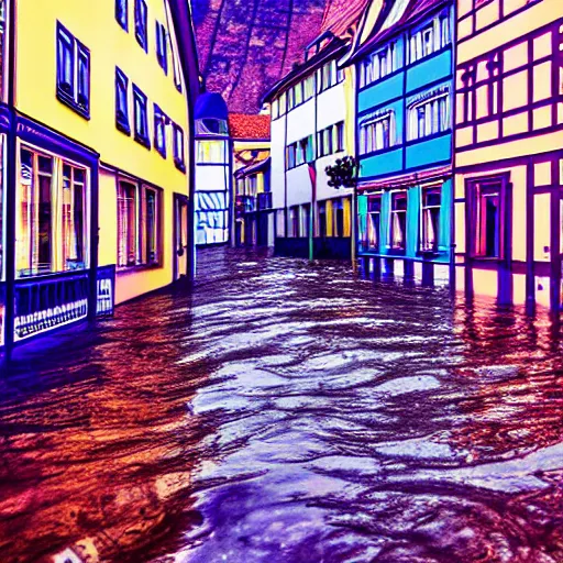 Image similar to vaporwave Album Art of a german town being flooded, retro, grainy, noisy