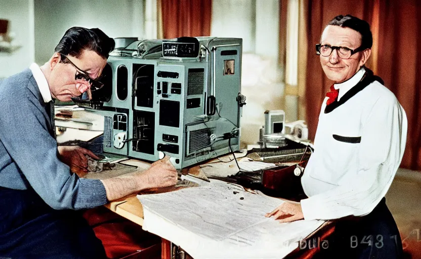 Image similar to 50s movie still close-up portrait of an elder scientist working in a victorian house on a 19th century supercomputer, by David Bailey, Cinestill 800t 50mm eastmancolor, heavy grainy picture, very detailed, high quality, 4k, HD criterion, precise texture and facial expression