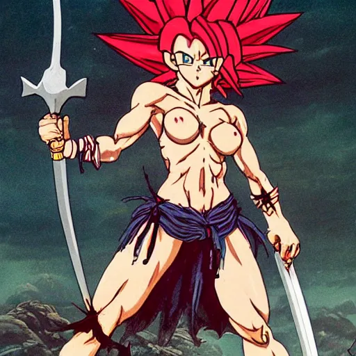 Image similar to saiyan girl, wild spiky red hair, long spiky hair, electrified hair, holding scimitar made of bone, scimitar, sword, jagged sword, curved sword, orkish sword, colorized, gray skin, hyper - detailed, primeval fantasy, prehistoric fantasy, drawn by frank frazetta