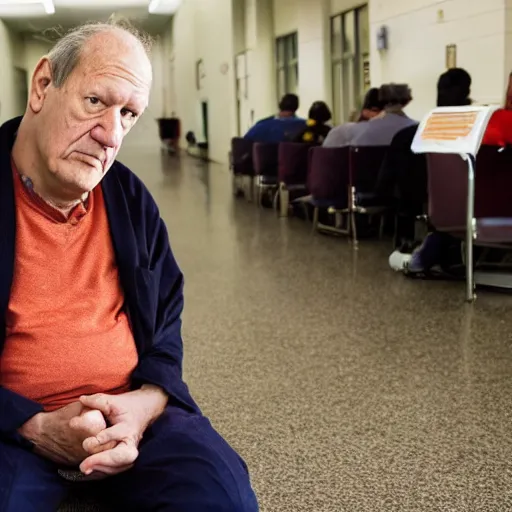 Image similar to wide angle portrait of werner herzog sitting alone in the waiting area of the dmv wearing a birthday hat. ultra wide angle, wes anderson, award winning, hyperrealistic, grand budapest hotel, studio lighting, very detailed face, chiaroscuro, film noir