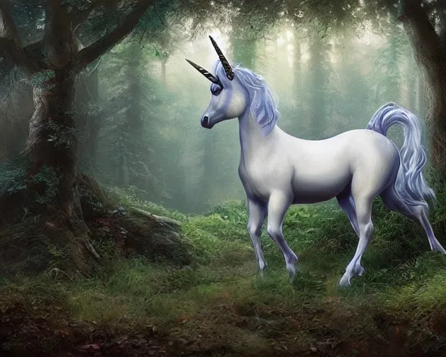 Image similar to fine art painting of a unicorn in a magical forest, artstation, cgsociety, very detailed, intricate