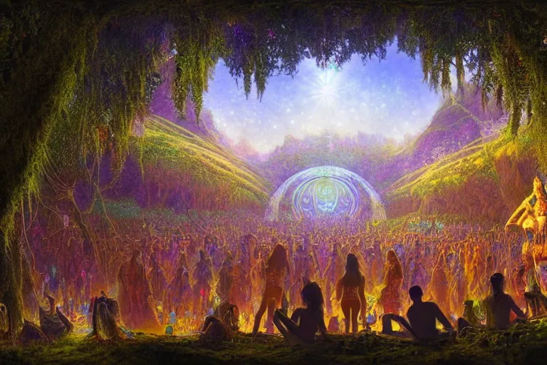 Prompt: a beautiful and highly detailed digital painting of psytrance festival in a secret valley, psychedelic patterns, intricate details, epic scale, 8 k, sharp focus, photorealism, artstation, cgsociety, by caspar friedrich, james gurney, alex grey, brian froud,