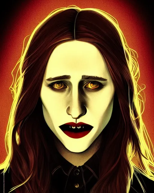 Image similar to in the style of Joshua Middleton, moody lighting, beautiful evil vampire Taissa Farmiga sharp bloody vampire fangs open mouth, yellow eyes, symmetrical eyes, realistic face, symmetrical face, brown leather jacket, jeans, long black hair, full body