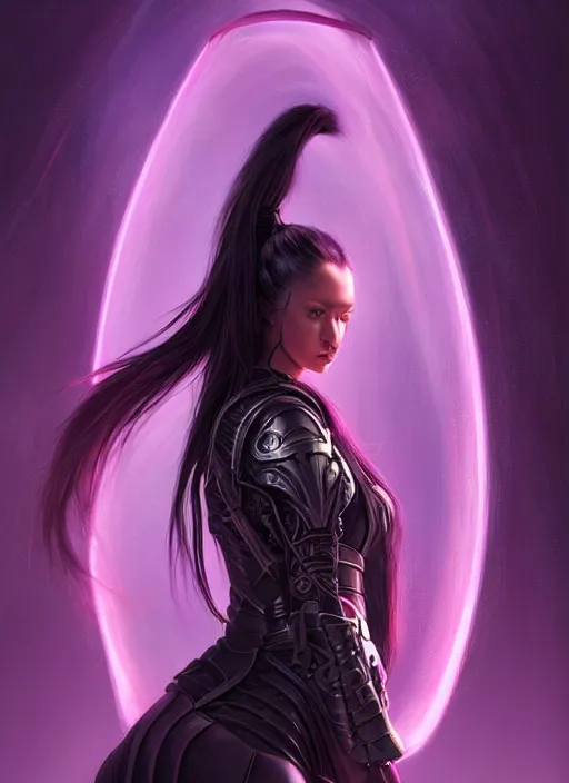 Prompt: portrait of a woman with long black hair in a ponytail, in sci - fi armor, platemail, close fitting, holding a katana made of purple energy, intricate, elegant, glowing lights, highly detailed, digital painting, artstation, concept art, smooth, sharp focus, illustration, art by wlop, mars ravelo and greg rutkowski