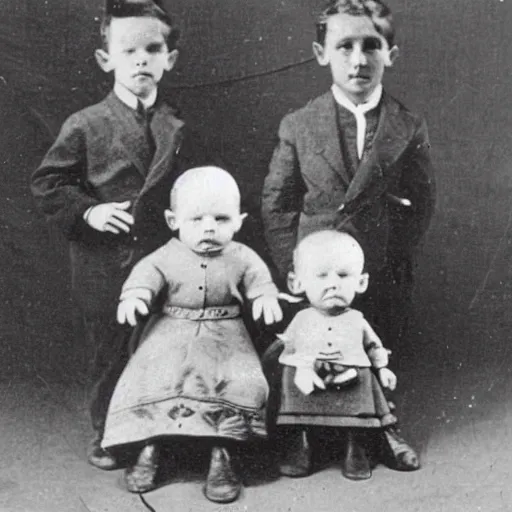 Image similar to old alien family photos, black and white, 1 9 0 0 s