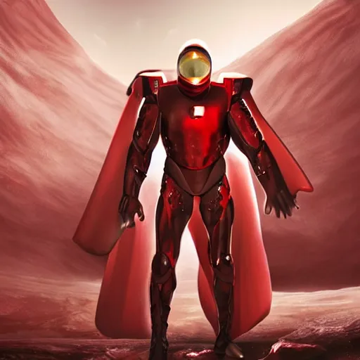 Image similar to tall muscular infantry man in glossy sleek white armor with a few red details and a long red cape, heroic posture, on the surface of mars, night time, dramatic lighting, cinematic, sci-fi, hyperrealistic, movie still