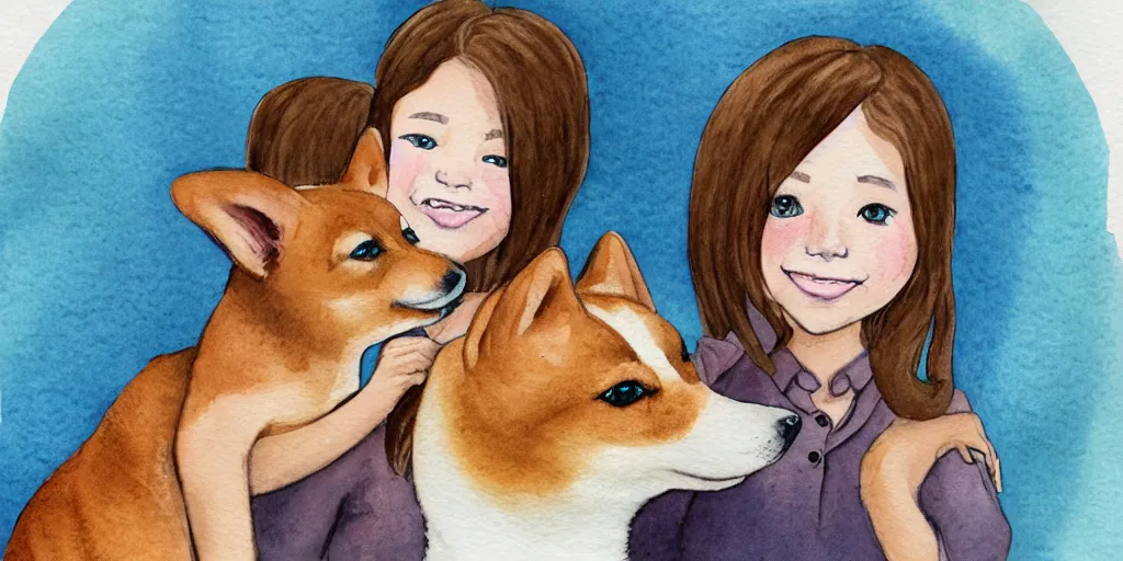 Image similar to a watercolor illustration of a girl with brown hair, hazel eyes and freckles, with a shiba inu