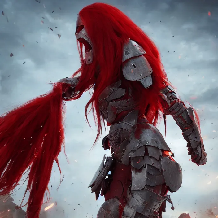 Image similar to a girl with a long red hair wearing a full-body red plate armor screaming in a battlefield, anatomically correct, hyperrealistic, concept art, octane render, unreal engine 5, 8K HDR, highly detailed, high quality, fantasy armor