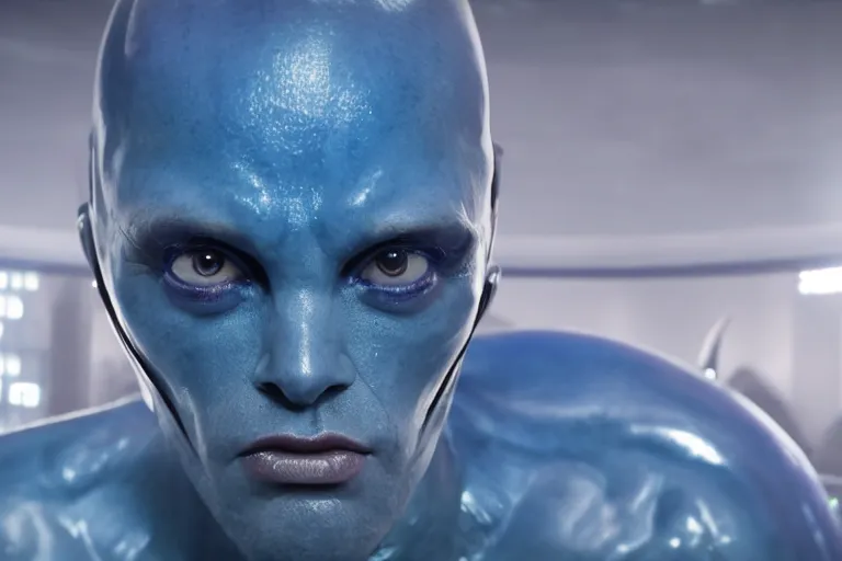 Image similar to vfx movie scene closeup portrait of beautiful blue body paint buff muscular alien man dancing in sleek futuristic decadent spaceship pillars, alien antenna, futuristic ballroom. big eyes, soft skin, giant windows view of earth obit. by emmanuel lubezki