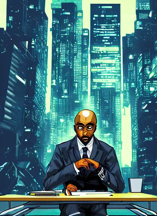 Image similar to manga cover, bald african-american man sitting at his desk, business suit, intricate cyberpunk city, emotional lighting, character illustration by tatsuki fujimoto