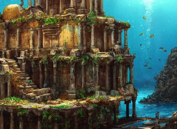 Image similar to ancient ruins favela, underwater environment, arches, urns, scenery, professional, award - winning, trending on artstation, hyper detailed, realistic, beautiful, emotional, shiny, golden, picture