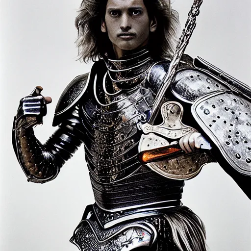 Image similar to a masterpiece ultrarealistic ultradetailed portrait of full silver armored magic knight on new york streets, mullet, hispanic man greatsword, baroque renaissance. fashion pose, photo by richard avedon and helmut newton, telephoto, intricate, elegant, by yasuhiro wakabayashi, global illumination. vfx