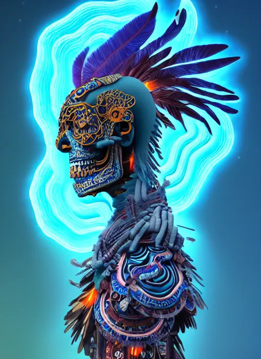 Image similar to 3 d shaman with tattoos profile portrait, sigma 5 0 0 mm f / 5. beautiful intricate highly detailed quetzalcoatl skull and feathers. bioluminescent, plasma, lava, ice, water, wind, creature, thunderstorm! artwork by tooth wu and wlop and beeple and greg rutkowski, 8 k trending on artstation,