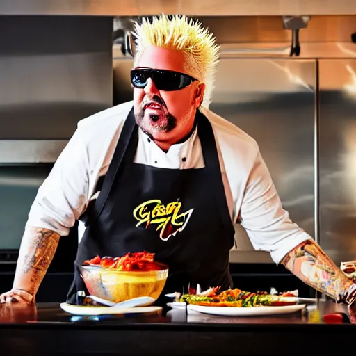 Prompt: Guy Fieri in a modern restaurant kitchen, hyper-realistic, 8k, dramatic lighting, at night, sharp focus