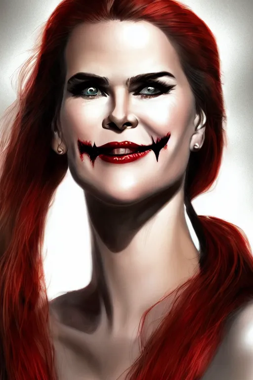 Prompt: mix of beautiful young maria shriver, mariel hemmingway, brooke shields, nicole kidman and elle macpherson as a vampire showing vampire teeth, ready to bite, thin lips, hair tied up in a pony tail, dark blonde hair, colorful, deviantart, artstation, cgsociety