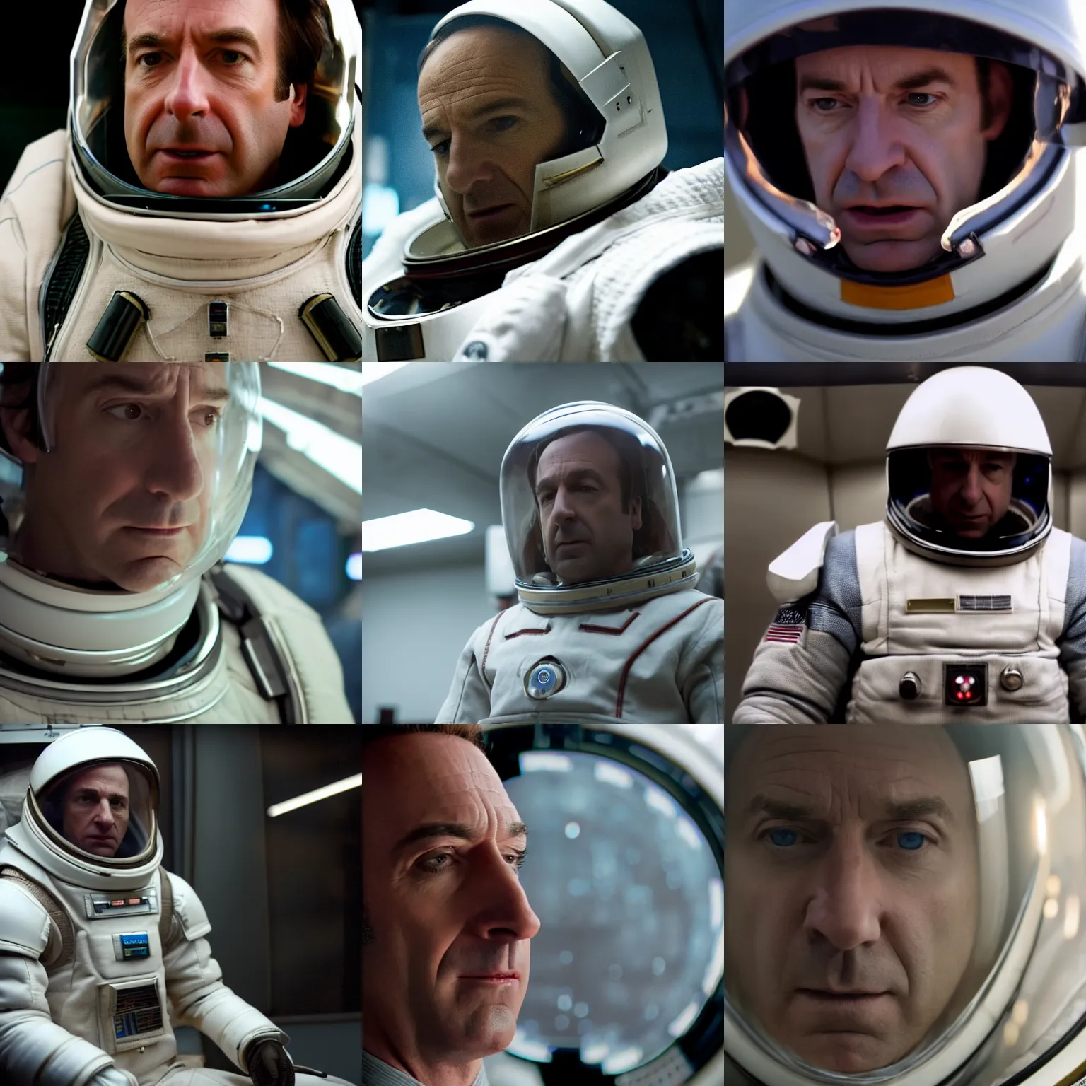 Prompt: cinematic close up shot of saul goodman wearing the spacesuit in scene from the movie interstellar ,backlight , DOP test, high quality film still