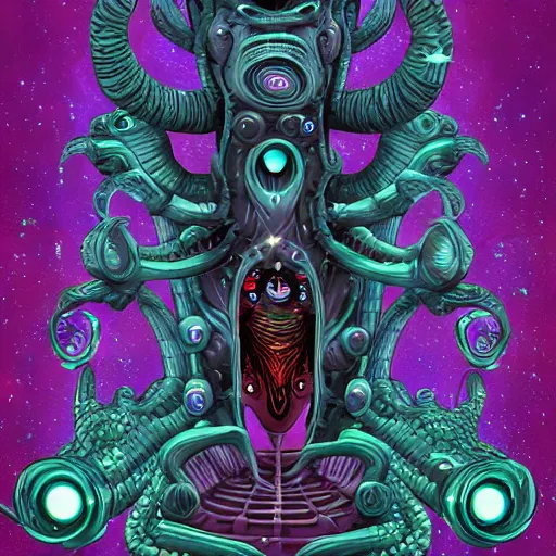 Image similar to creatures from beyond time and space surrounded by cosmic horror, lovecraftian monster, big tech corporate art style, memphis design