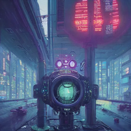 Prompt: A beautiful painting of cyberpunk beholder by Paul Gustav Fischer and Simon Stålenhag and John Atkinson Grimshaw, character concept art, matte painting, heavy metal magazine, trending on artstation. dynamic lighting, raytracing, unreal engine