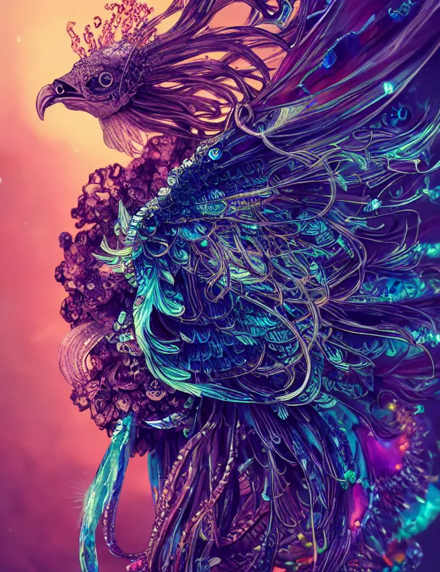 Image similar to witch phoenix macro close - up portrait with crown made of ram skull. phoenix, betta fish, jellyfish, bioluminiscent, plasma, ice, water, wind, creature, super intricate ornaments artwork by tooth wu and wlop and beeple and greg rutkowski