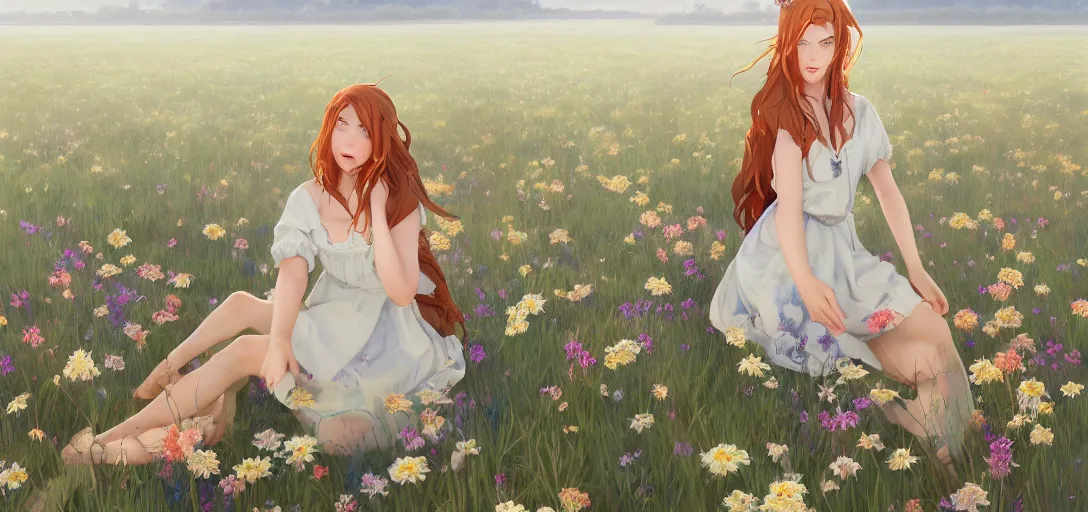 Image similar to a beautiful southern woman named Savannah Savage, innocent, sad cerulean eyes, freckles, long ginger hair tied with white ribbon, thoughtful in a field of flowers on a farm, gentle lighting, innocent mood, storm in the distance, somber, western clothing, dress,digital art by Makoto Shinkai ilya kuvshinov and Wojtek Fus, digital art, concept art,