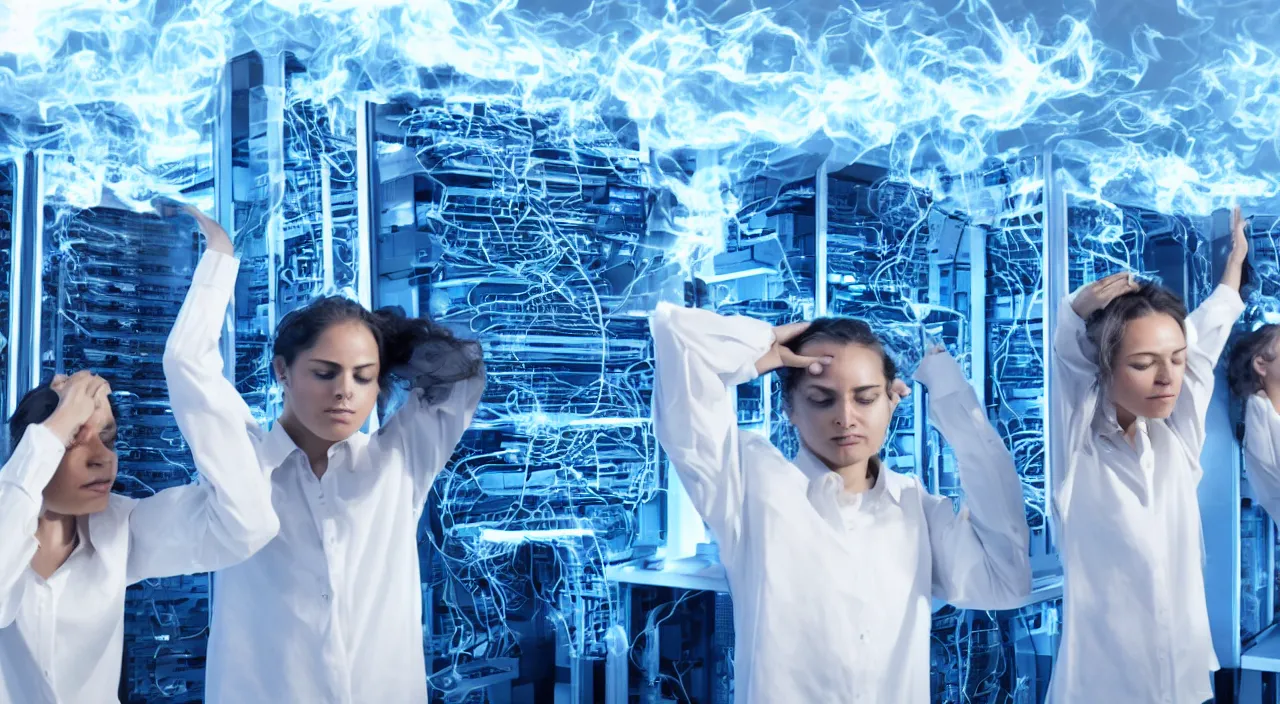 Prompt: Nervous upset sad people sweating and placing their hands on their head standing next to futuristic advanced servers that are smoking and on fire. The number of users is exploding the server farm. Photo realistic.