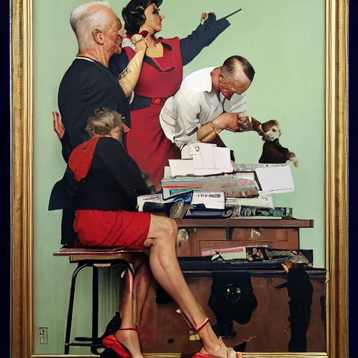 Image similar to the things politicians get up to when they think we are not looking, painted by norman rockwell and tom lovell and frank schoonover and phil hale