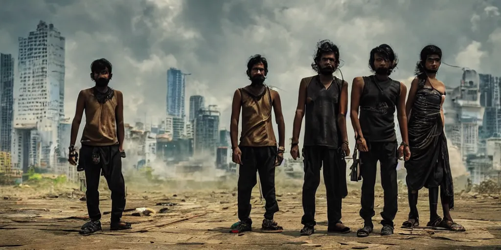 Image similar to sri lankan cyberpunk gang, film still, epic shot cinematography, rule of thirds, fantasy movie style