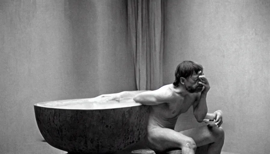 Prompt: 1 9 6 0 s movie still by tarkovsky of an elder socrates drinking hemlock in a bowl in his bath, cinestill 8 0 0 t 3 5 mm b & w, high quality, heavy grain, high detail, panoramic, cinematic composition, dramatic light, anamorphic, jacques louis david style, raphael style, piranesi style