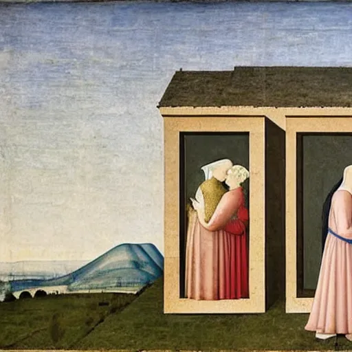 Image similar to a couple kissing, behind them is a window that shows a hilly landscape with vineyards, piero della francesca, 1 4 5 0