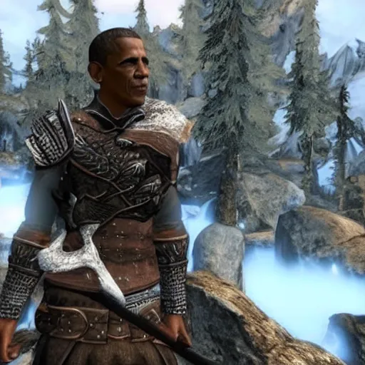 Prompt: screenshot of obama in skyrim