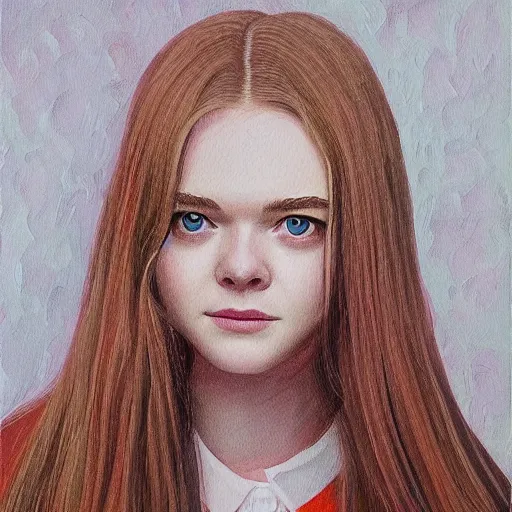 Prompt: professional painting of Elle Fanning in the style of Dave Gibbons, head and shoulders portrait, symmetrical facial features, smooth, sharp focus, illustration, intricate, stormy weather, extremely detailed masterpiece,