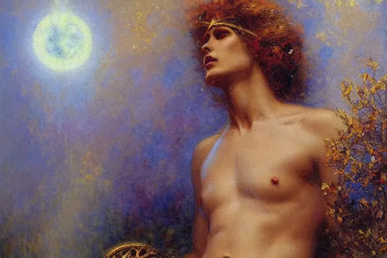 Image similar to portrait of the personification of the sun, god of all things. art by gaston bussiere.