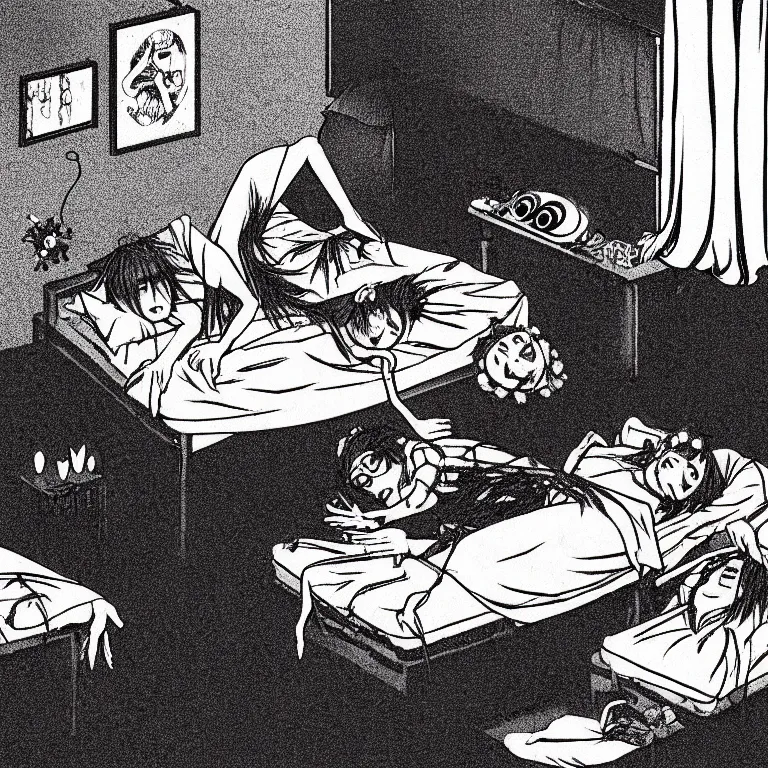 Image similar to cursed illustration of beautifully ominous creepy sleep paralysis demon observing sleeping teenager inside 1 9 8 0's cluttered bedroom. manga style of junji ito, kentaro mirua, weirdcore, octane render