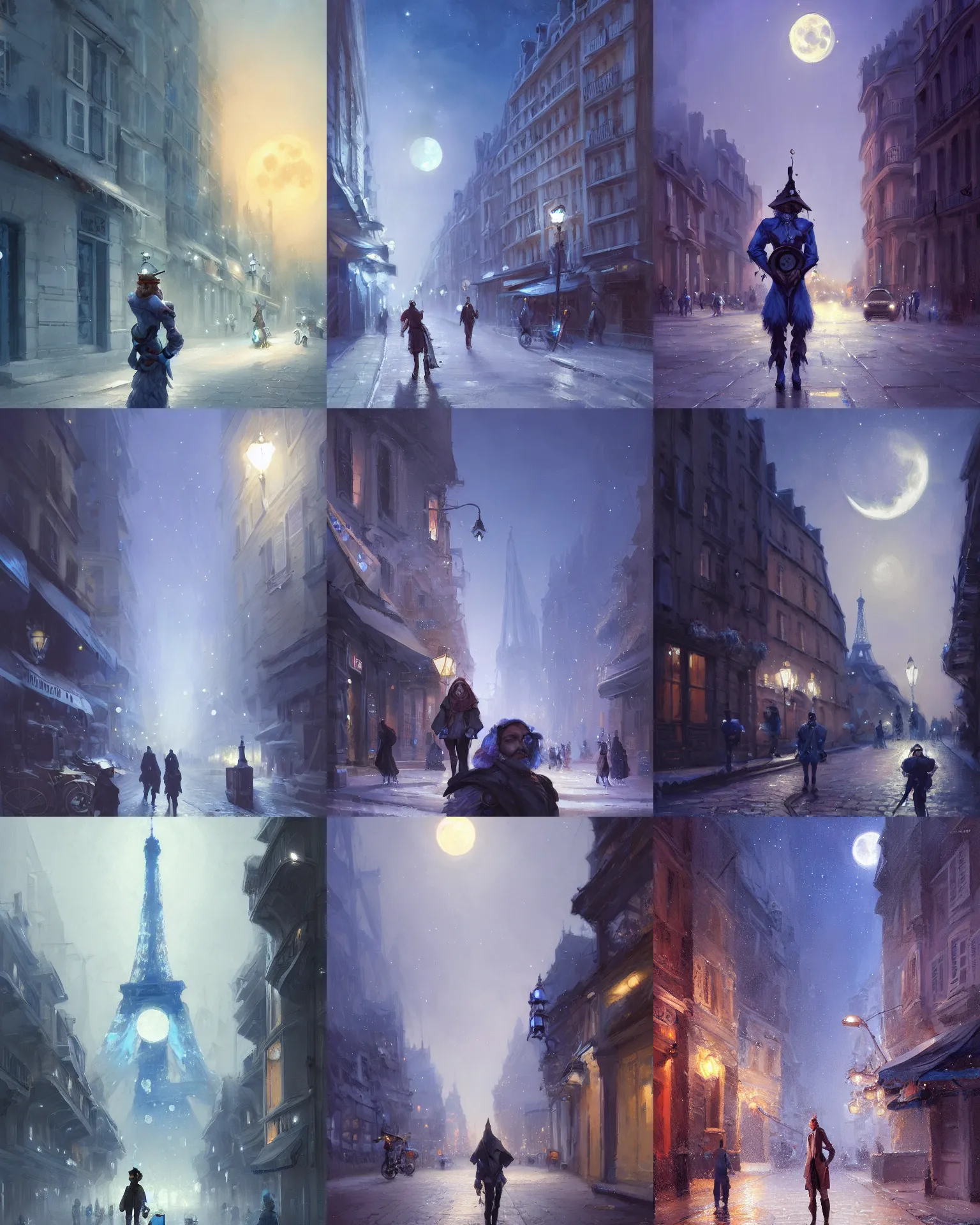 Prompt: portrait of a ice scater back facing camera in a street in paris at night, blue moonlight, giant moon, by Artgem and Mandy Jurgens and greg rutkowski, fantasy, intricate, elegant, digital painting, concept art, romantic, trending on artstation