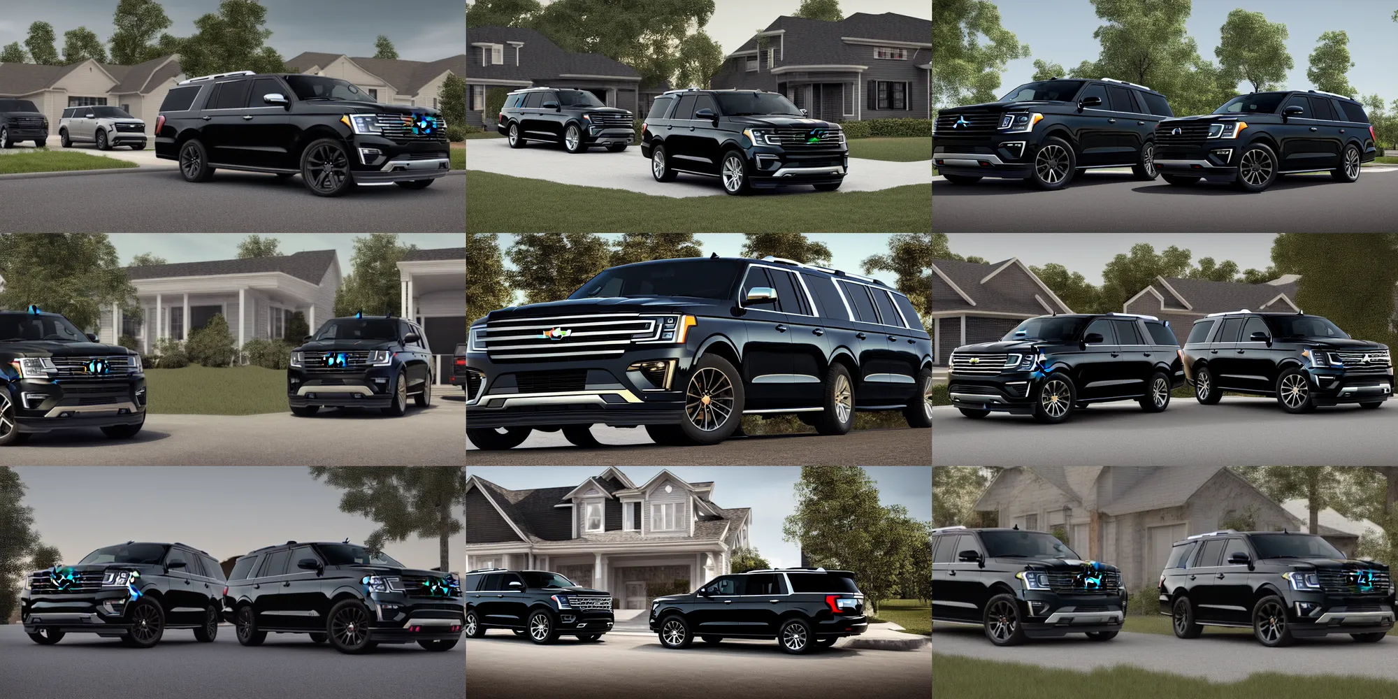 Prompt: a black suv inspired by a 2 0 2 2 chevrolet suburban and 2 0 2 2 ford expedition parked in front of a house, a digital rendering by the family circus, trending on cg society, regionalism, ue 5, rendered in unreal engine, ultrafine detail