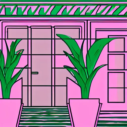 Prompt: art deco vaporwave illustration of a library interior front desk with some plants, in pink pastel and bright colors