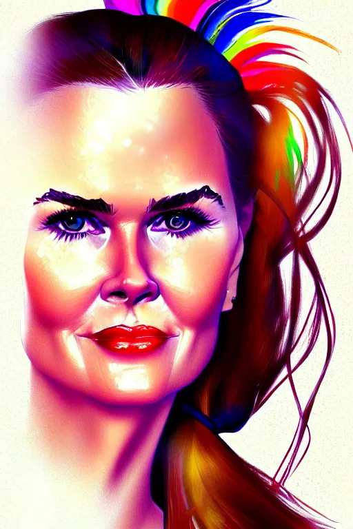 Image similar to portrait of a mix of beautiful young maria shriver, mariel hemmingway, brooke shields, nicole kidman and elle macpherson as a mermaid, thin lips, hair tied up in a pony tail, colorful artstation, cgsociety