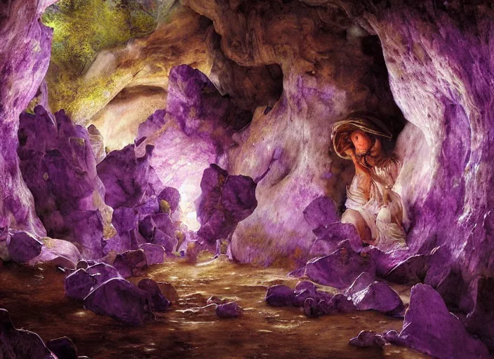 Image similar to underground cavern. purple moss growing on stone. violet glow. edgar maxence and caravaggio and michael whelan and delacroix style, artistic, intricate painting, cinematic lighting, hyper realistic, extremely detailed, vivid colors, establishing shot, dramatic lighting.