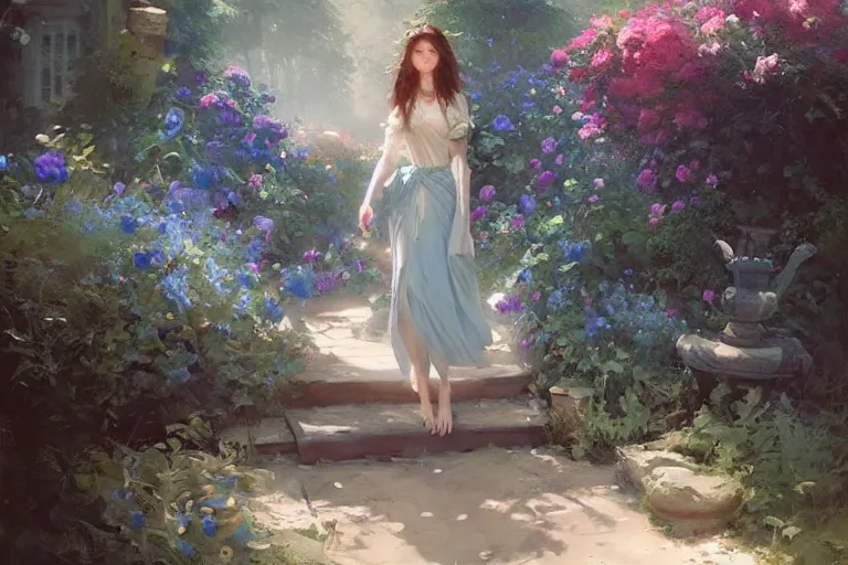 Image similar to a beautiful painting of blue roses garden, girl, by greg rutkowski, trending on artstation