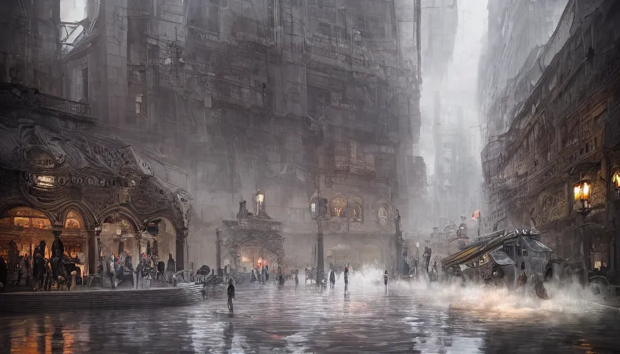 Image similar to City square in a Dieselpunk city, fontains with sculptures of people mixed with angines made from marble and petrol flowing instead of water, steam, epic composition, intricate, elegant, volumetric lighting, digital painting, highly detailed, artstation, sharp focus, illustration, concept art, ruan jia, steve mccurry