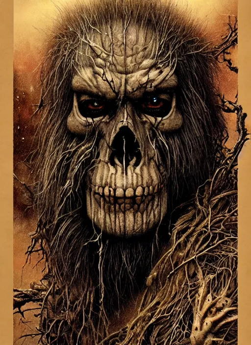 Image similar to sasquatch tarot card, highly detailed, half skull face, cinematic, 8 k, by stanley artgermm, tom bagshaw, greg rutkowski, carne griffiths, ayami kojima, beksinski, giger, trending on deviantart, hyper detailed, horror, full of colour