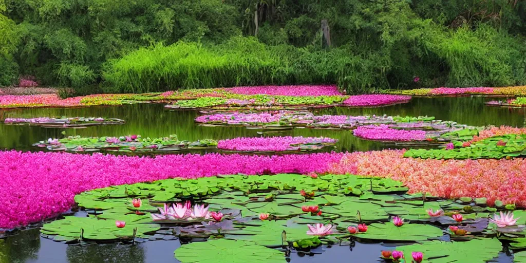 Prompt: beautiful pond covered with vibrant carpet of lilies and lotus flowers