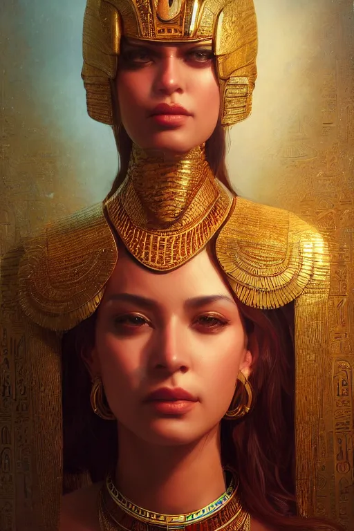 Prompt: egyptian princess, gorgeous, portrait, powerful, intricate, beautiful, masterpiece, elegant, volumetric lighting, digital painting, highly detailed, artstation, sharp focus, illustration, Hajime sorayama, ruan jia